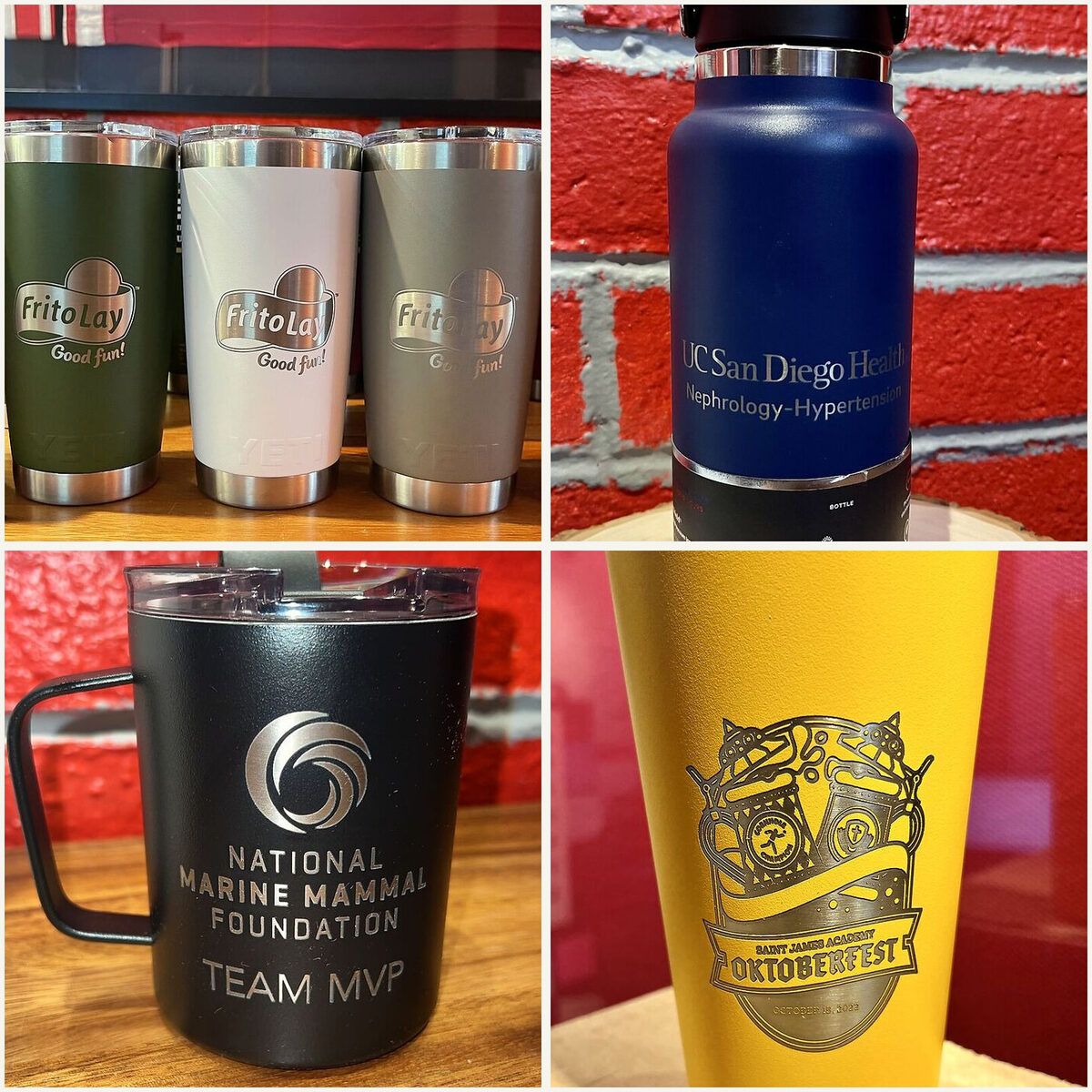 Four branded pieces: Frito-Lay tumblers, a UC San Diego Health bottle, a Team MVP mug, and an Oktoberfest tumbler