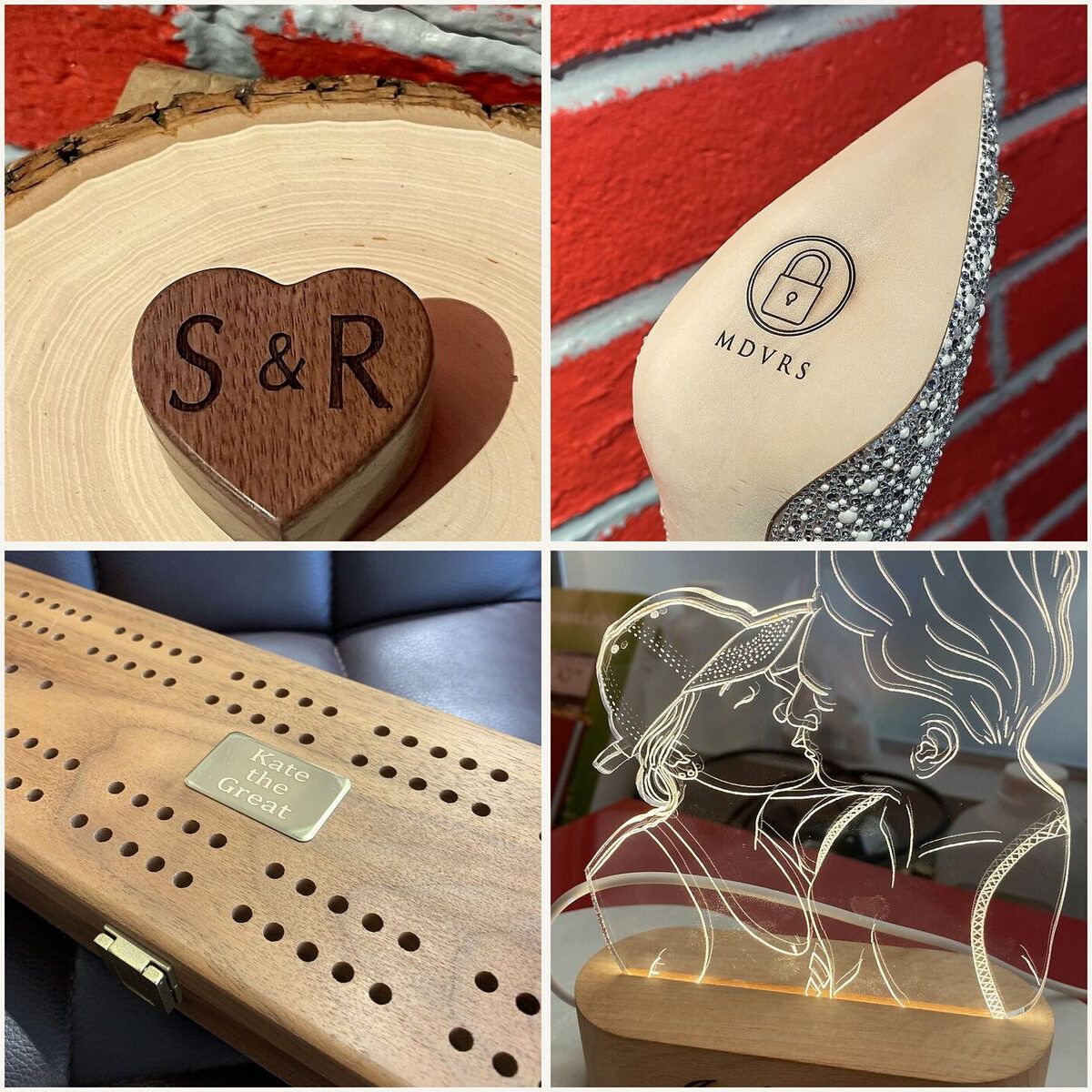 Four engraved gifts: a heart keepsake box, a bridal shoe monogram, a cribbage board, and a light-up acrylic keepsake