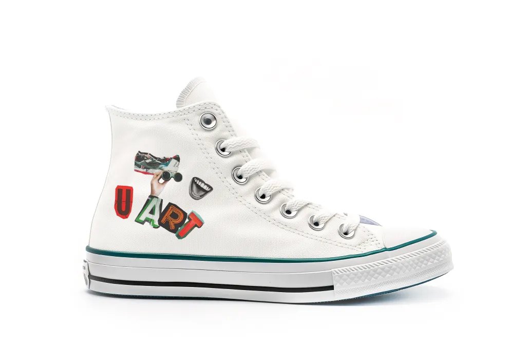 White high-top sneaker printed with a collage design