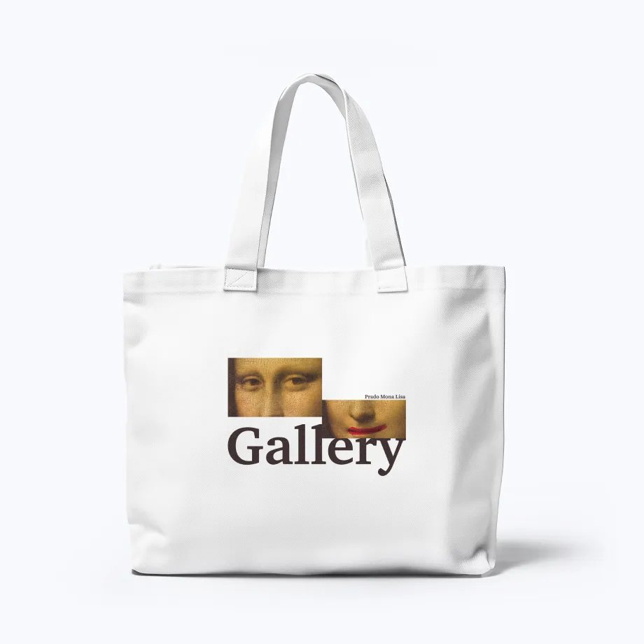 White tote bag printed with a Mona Lisa gallery design