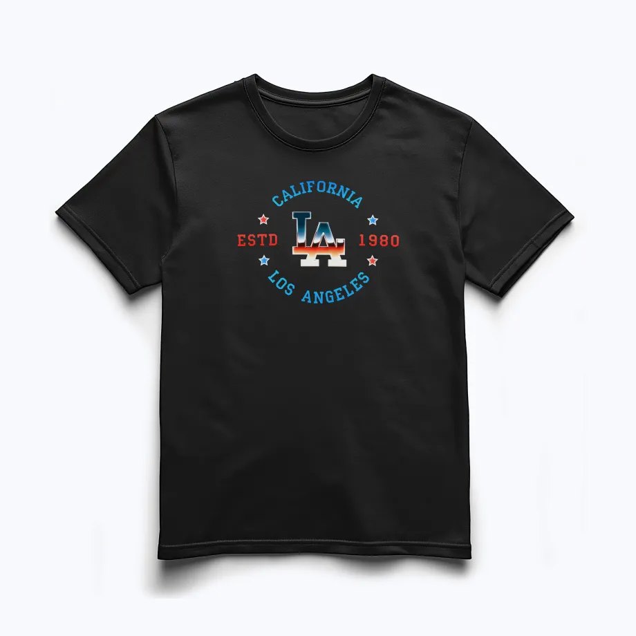 Black t-shirt with a full-color Los Angeles chest print